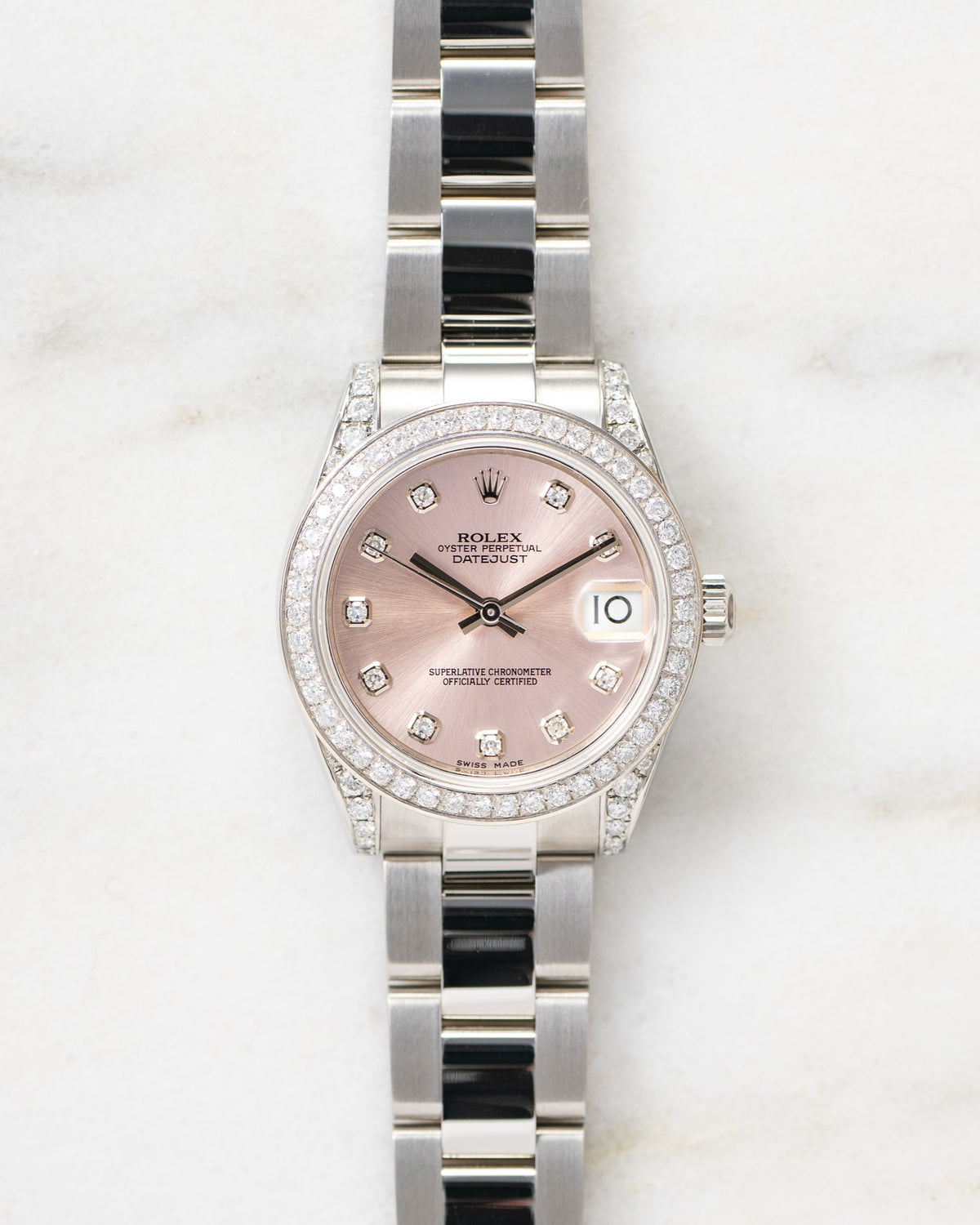 Rolex Datejust 31 178240 with pink diamond dial, diamond bezel and Oyster bracelet