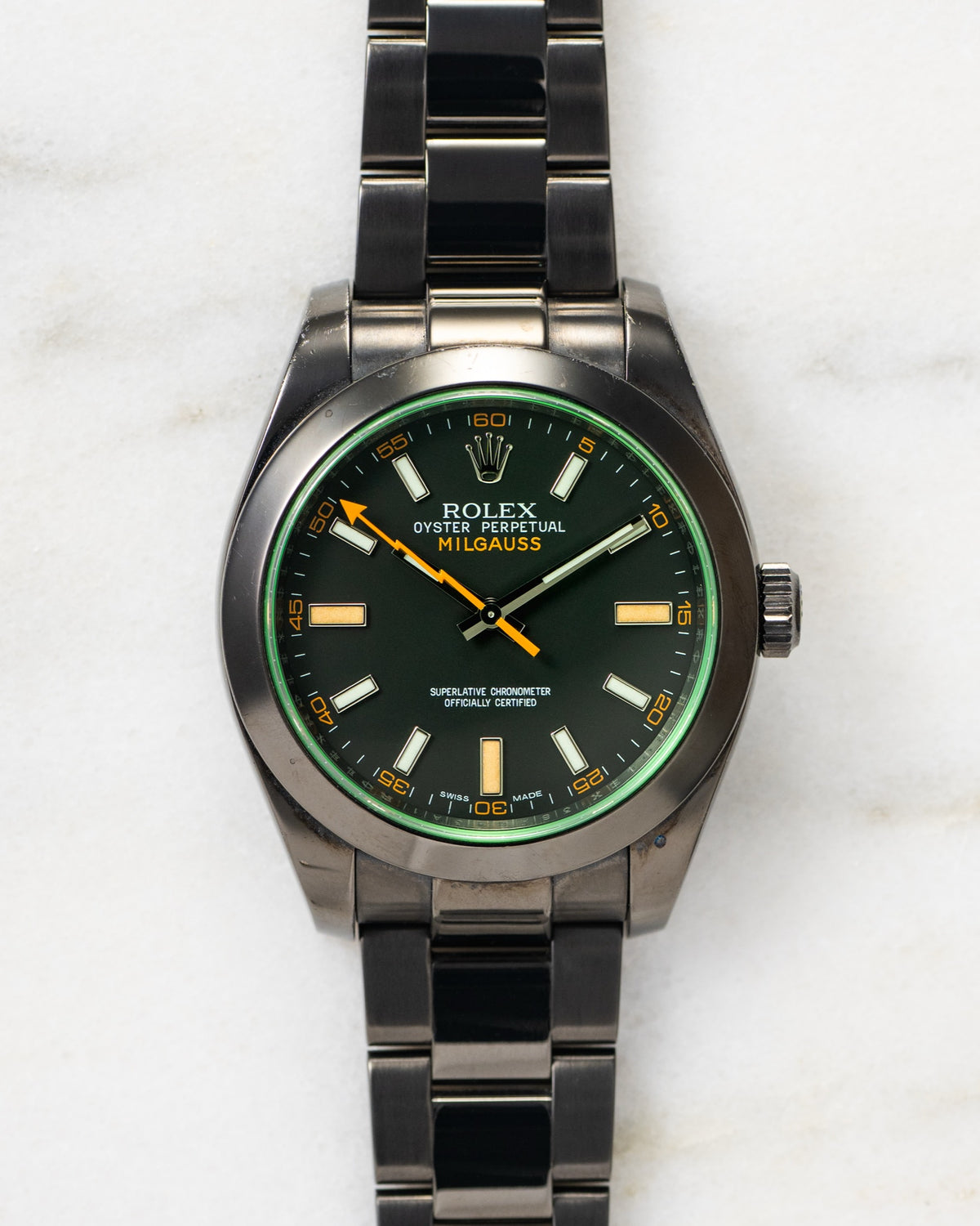 Rolex Milgauss 116400V with black dial, green crystal and black PVD-coated case and bracelet